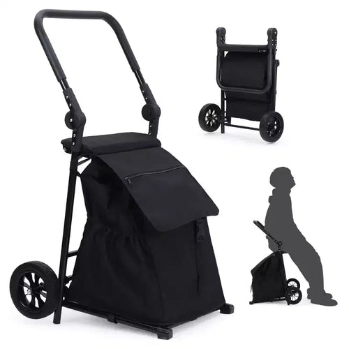 2 in 1 Foldable Shopping Cart with Seat, 132 lbs Capacity Waterproof Grocery Cart with Wheels for Home, Travel - Black