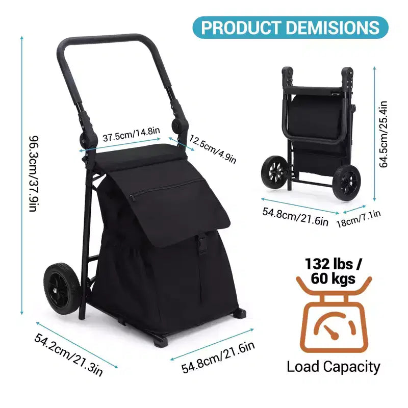 2-in-1 Foldable Shopping Cart with Seat — 132 lbs Waterproof Grocery Cart with Wheels