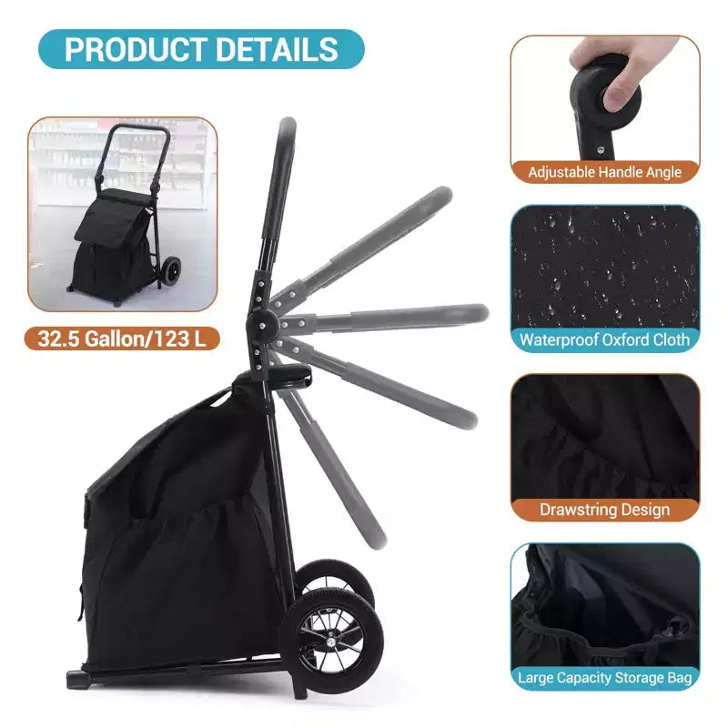 2-in-1 Foldable Shopping Cart with Seat — 132 lbs Waterproof Grocery Cart with Wheels