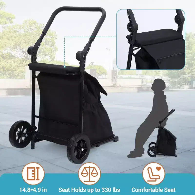 2-in-1 Foldable Shopping Cart with Seat — 132 lbs Waterproof Grocery Cart with Wheels