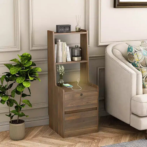 Table de chevet avec station de recharge intégrée 15 pouces, table de chevet intelligente avec étagère, compartiment de rangement et fonction verrouillable, finition bois