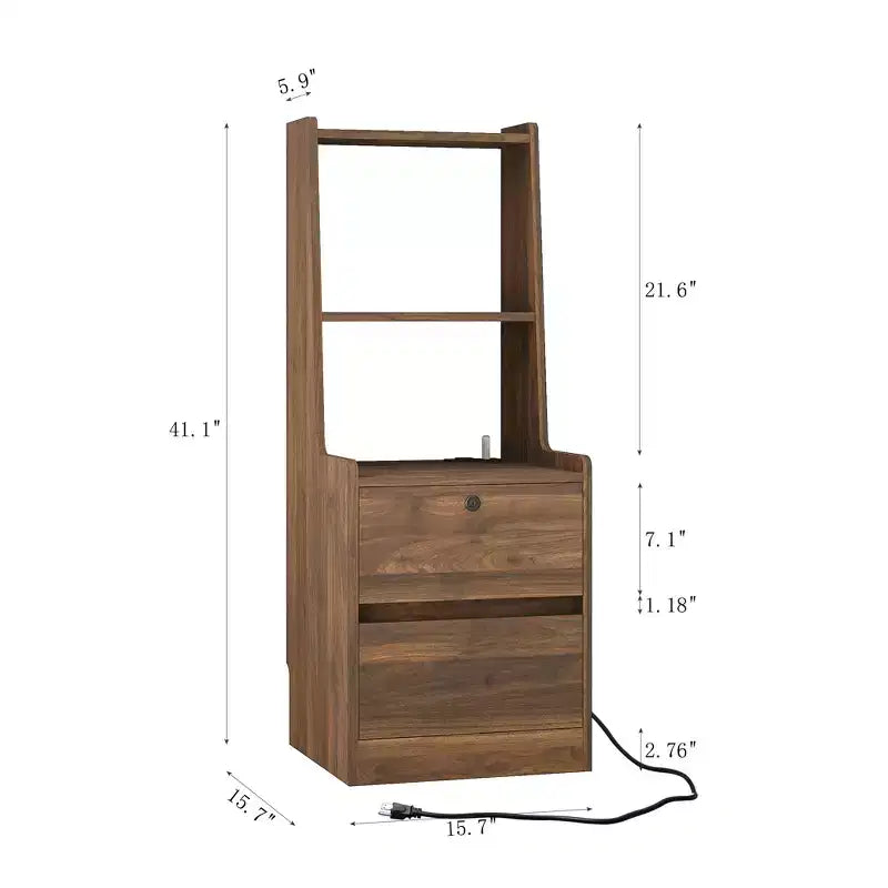 Table de chevet avec station de recharge intégrée 15 pouces, table de chevet intelligente avec étagère, compartiment de rangement et fonction verrouillable, finition bois