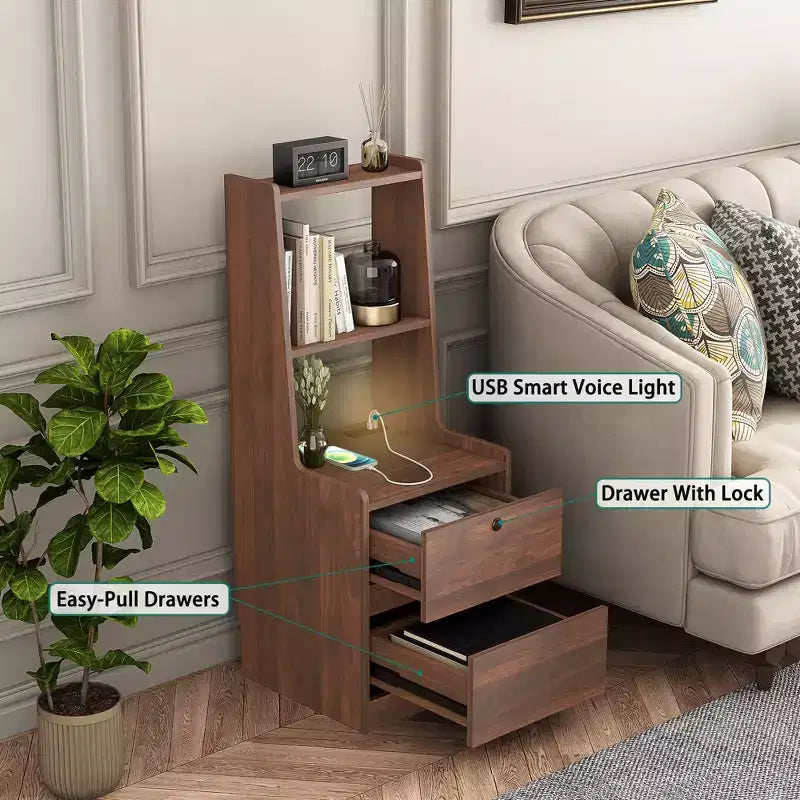 Table de chevet avec station de recharge intégrée 15 pouces, table de chevet intelligente avec étagère, compartiment de rangement et fonction verrouillable, finition bois