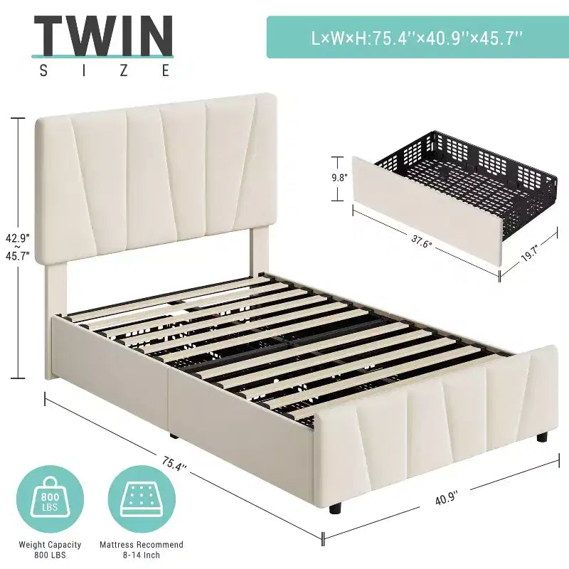 Cadre de lit double avec tête de lit réglable et 2 tiroirs de rangement, lit plateforme capitonné en velours, sommier tapissier non requis, beige
