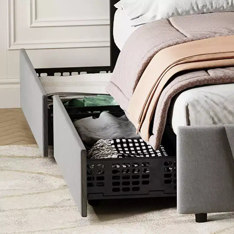Cadre de lit double avec tête de lit réglable et 2 tiroirs de rangement, lit plateforme capitonné en velours, sommier tapissier non requis, beige