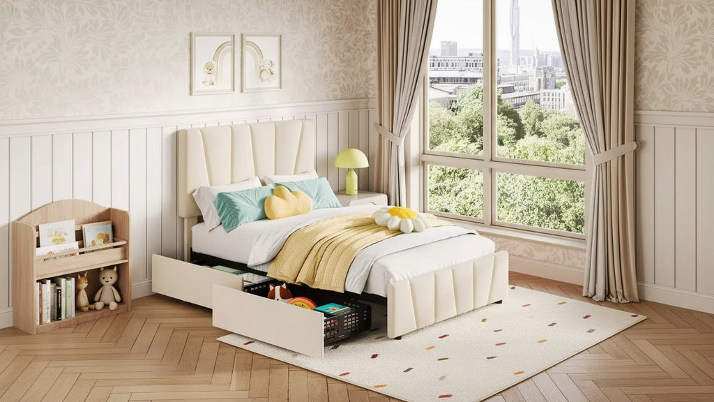 Cadre de lit double avec tête de lit réglable et 2 tiroirs de rangement, lit plateforme capitonné en velours, sommier tapissier non requis, beige