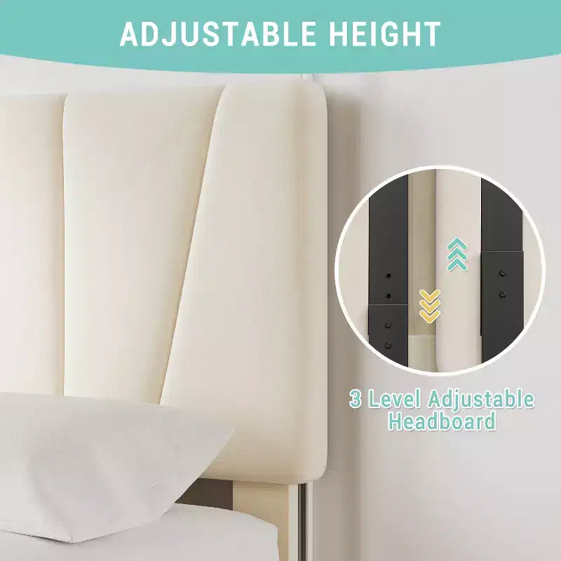 Cadre de lit double avec tête de lit réglable et 2 tiroirs de rangement, lit plateforme capitonné en velours, sommier tapissier non requis, beige