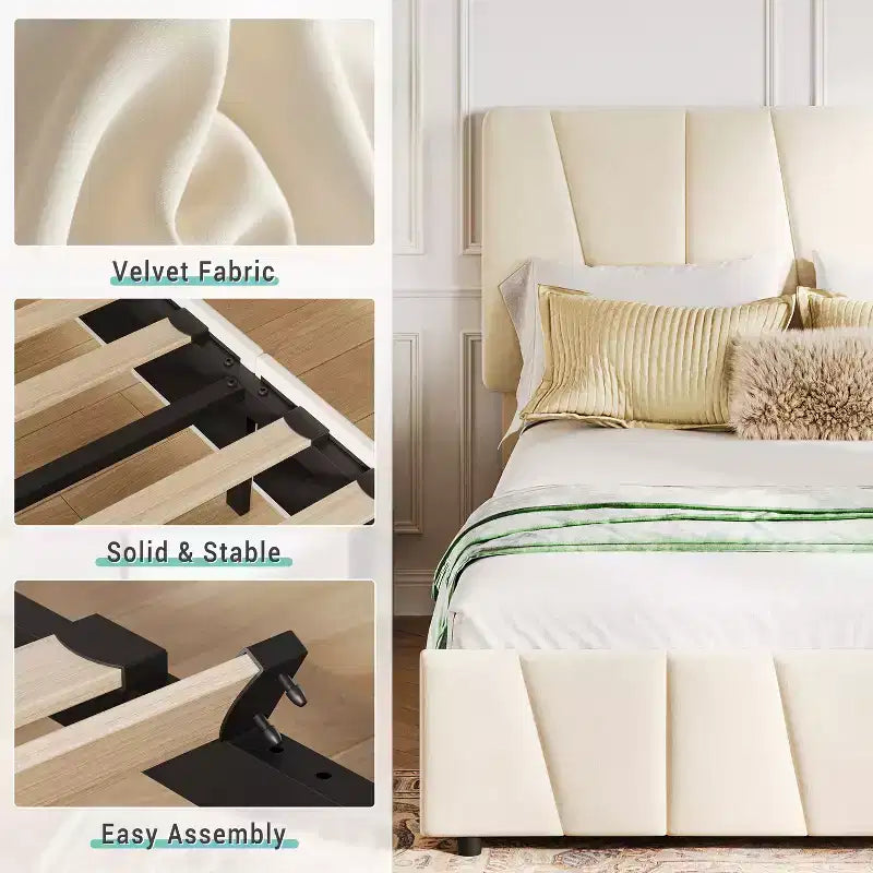 Cadre de lit double avec tête de lit réglable et 2 tiroirs de rangement, lit plateforme capitonné en velours, sommier tapissier non requis, beige
