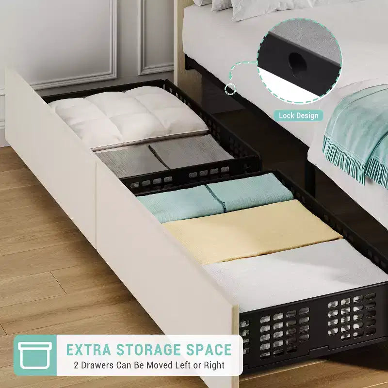 Cadre de lit double avec tête de lit réglable et 2 tiroirs de rangement, lit plateforme capitonné en velours, sommier tapissier non requis, beige