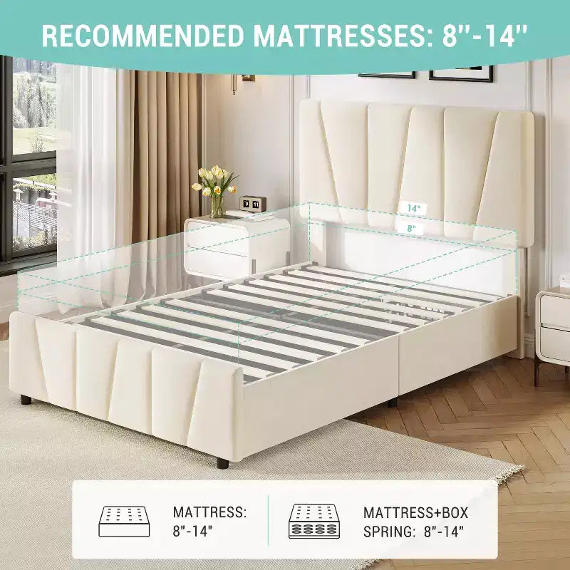 Cadre de lit double avec tête de lit réglable et 2 tiroirs de rangement, lit plateforme capitonné en velours, sommier tapissier non requis, beige