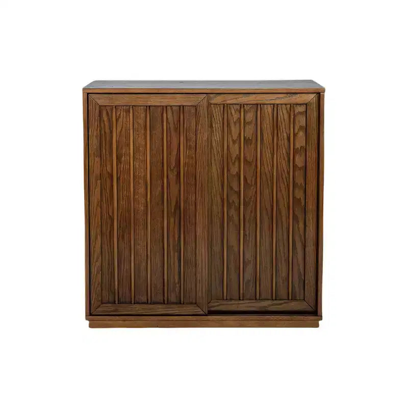 Buffet de 31 pouces de style médiéval avec deux portes coulissantes et des moulures en bois massif, convient aux salons et aux cuisines, finition noyer