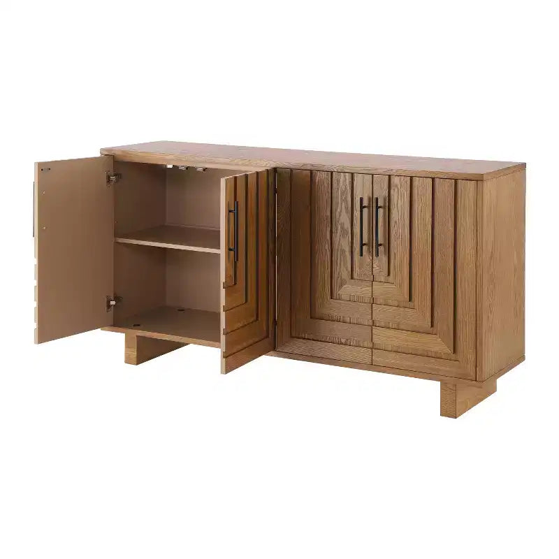 Buffet moderne 4 portes en MDF et placage frêne, doté de poignées métalliques et de finitions naturelles, idéal pour les salles à manger