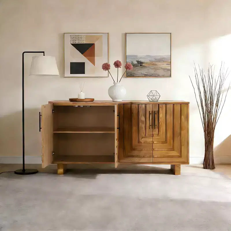 Buffet moderne 4 portes en MDF et placage frêne, doté de poignées métalliques et de finitions naturelles, idéal pour les salles à manger