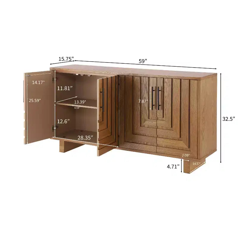 Buffet moderne 4 portes en MDF et placage frêne, doté de poignées métalliques et de finitions naturelles, idéal pour les salles à manger