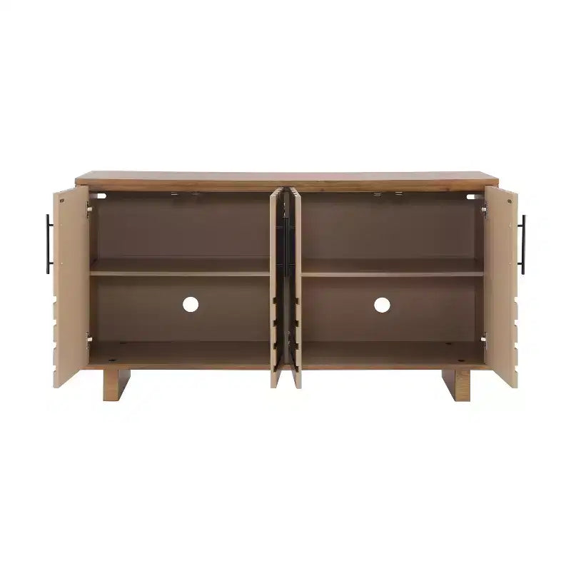Buffet moderne 4 portes en MDF et placage frêne, doté de poignées métalliques et de finitions naturelles, idéal pour les salles à manger