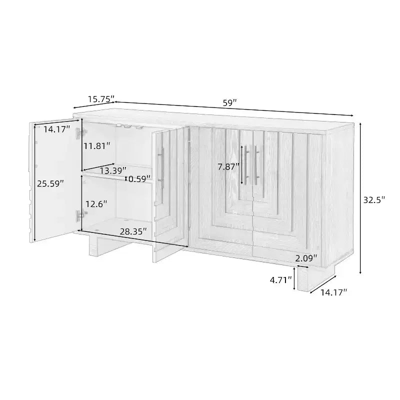 Buffet moderne 4 portes en MDF et placage frêne, doté de poignées métalliques et de finitions naturelles, idéal pour les salles à manger
