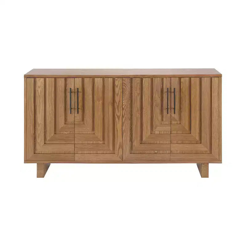 Buffet moderne 4 portes en MDF et placage frêne, doté de poignées métalliques et de finitions naturelles, idéal pour les salles à manger