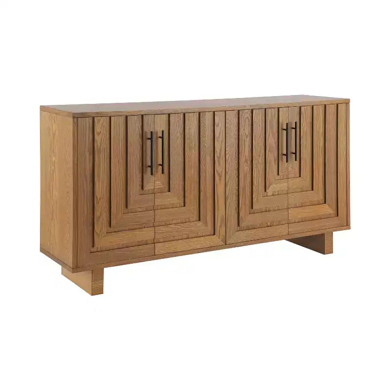 Buffet moderne 4 portes en MDF et placage frêne, doté de poignées métalliques et de finitions naturelles, idéal pour les salles à manger
