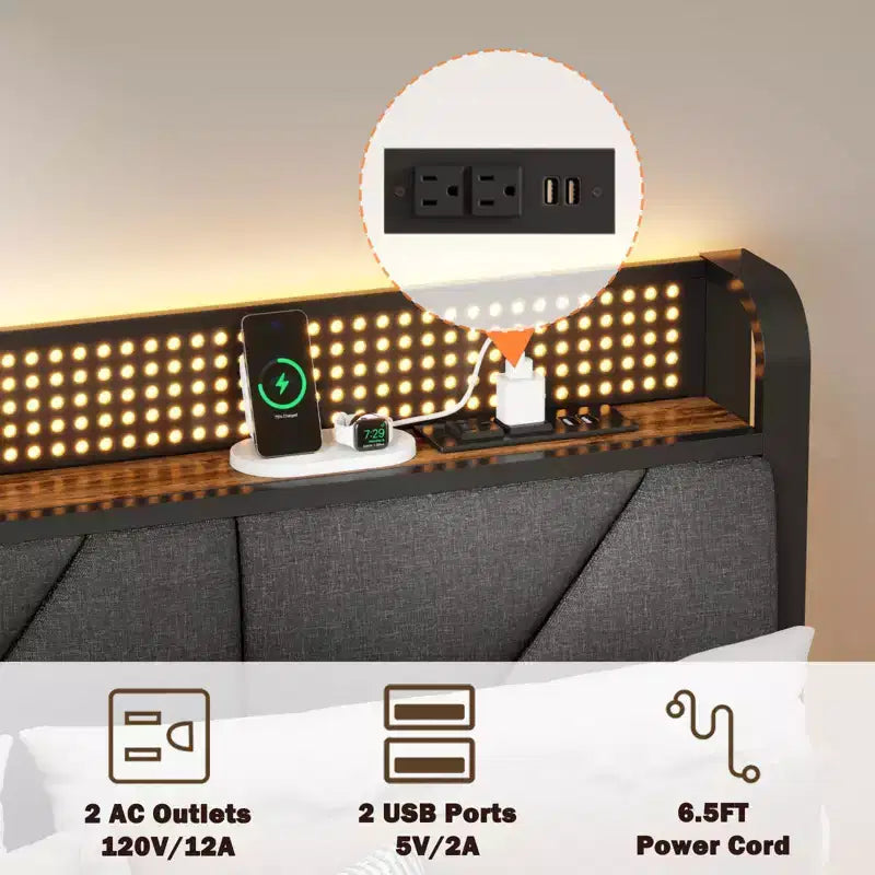 Cadre de lit plateforme Queen Size, tête de lit rembourrée, lumières LED, station de charge, support métallique robuste, pas besoin de sommier tapissier, chambre moderne USB