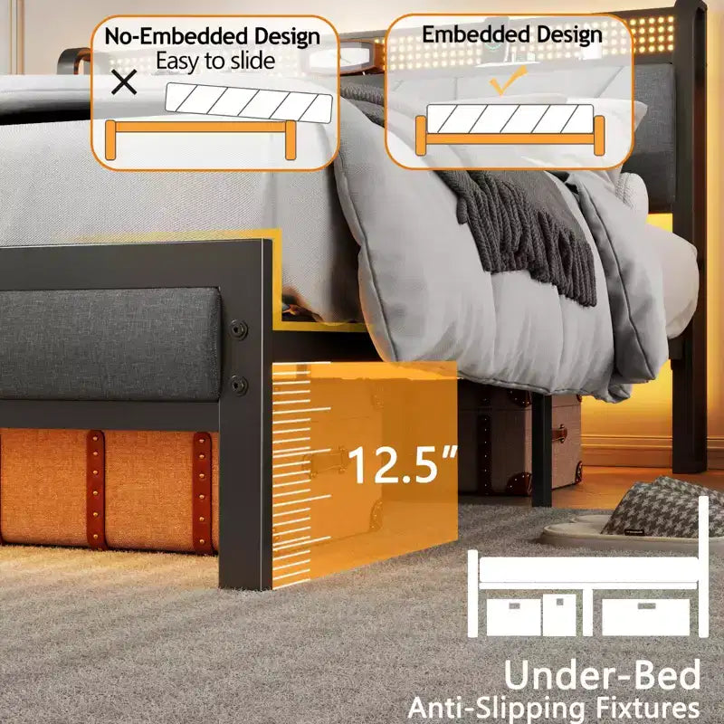 Cadre de lit plateforme Queen Size, tête de lit rembourrée, lumières LED, station de charge, support métallique robuste, pas besoin de sommier tapissier, chambre moderne USB