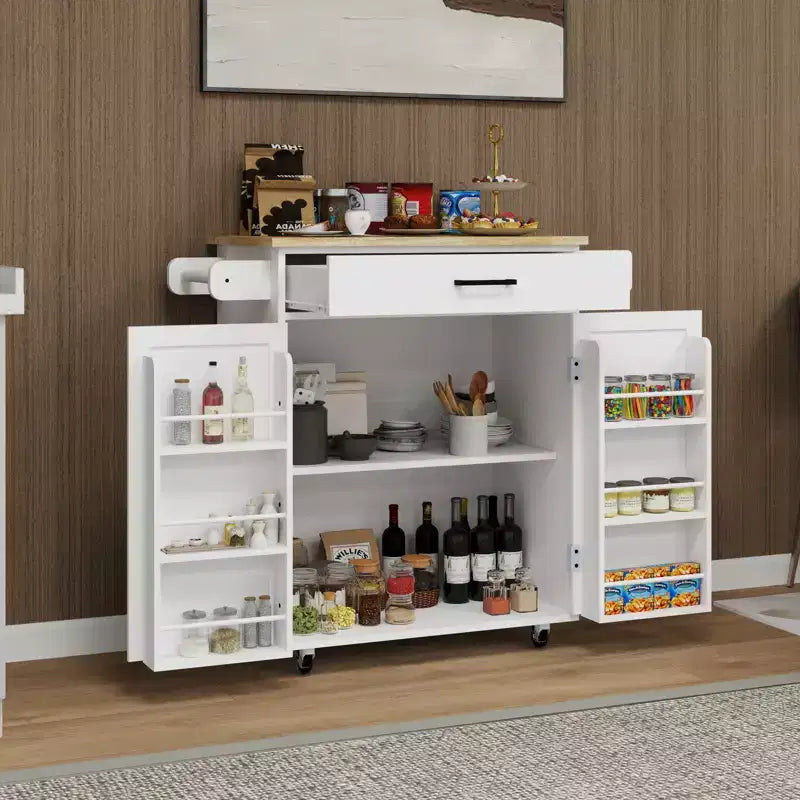 Desserte de cuisine roulante avec tiroir, armoire, étagère et plateau en bois d'hévéa