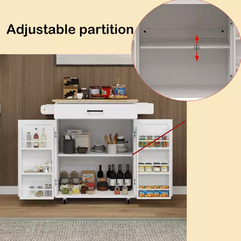 Desserte de cuisine roulante avec tiroir, armoire, étagère et plateau en bois d'hévéa