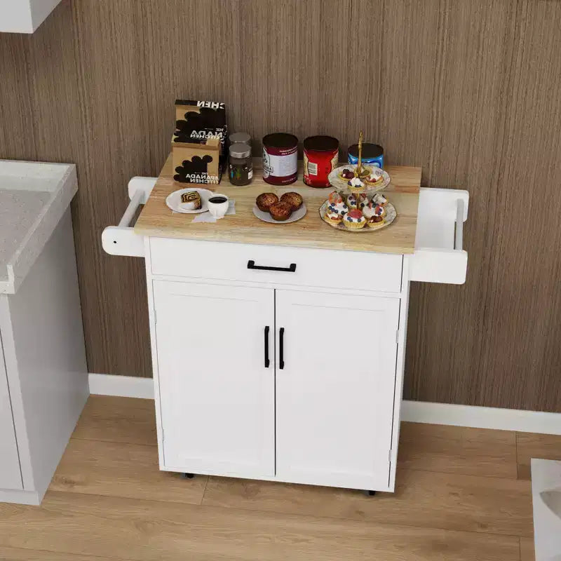 Desserte de cuisine roulante avec tiroir, armoire, étagère et plateau en bois d'hévéa