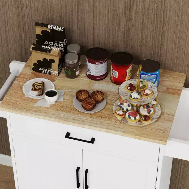 Desserte de cuisine roulante avec tiroir, armoire, étagère et plateau en bois d'hévéa