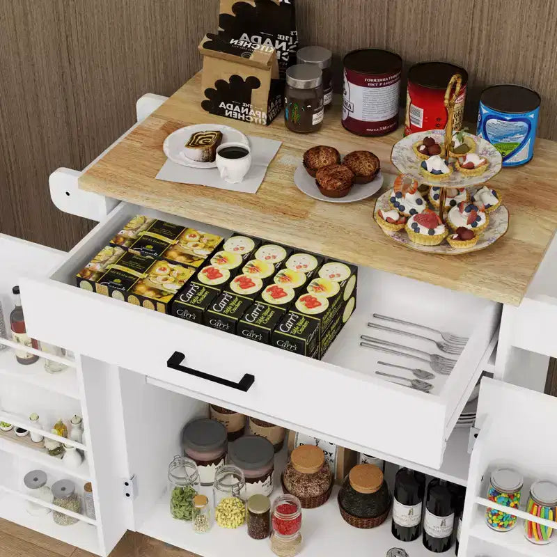 Desserte de cuisine roulante avec tiroir, armoire, étagère et plateau en bois d'hévéa