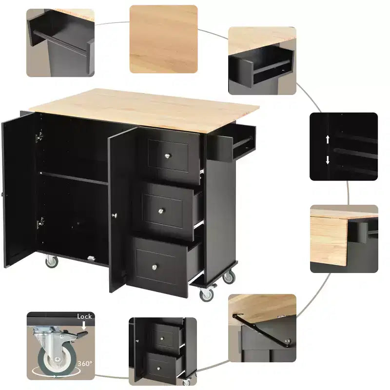 Îlot de cuisine roulant avec plateau en bois massif, abattant, roulettes verrouillables, armoire de rangement, étagère à épices, porte-serviettes et tiroir, 133,9 cm
