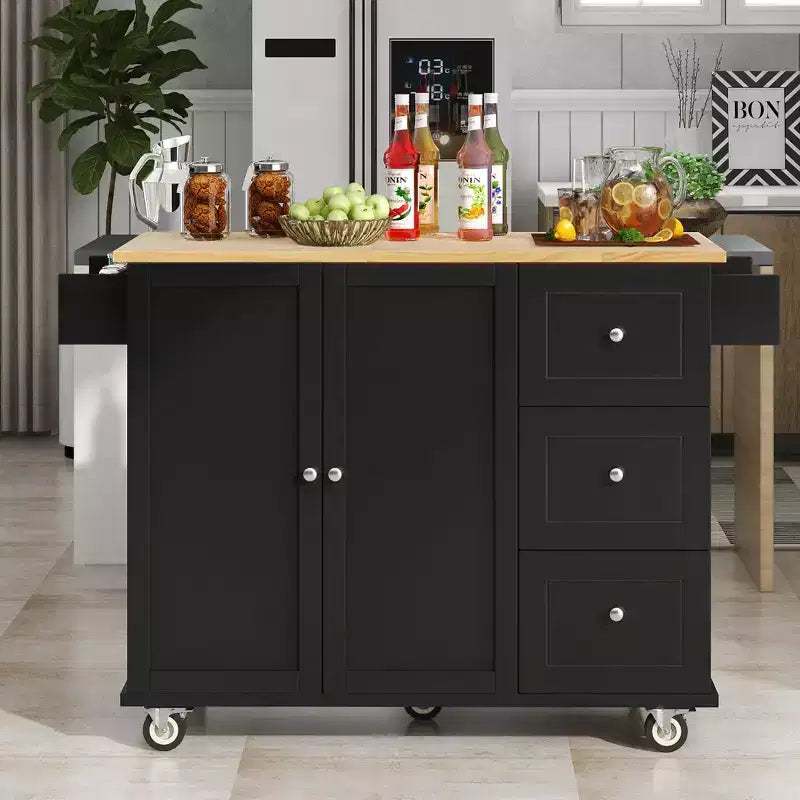Îlot de cuisine roulant avec plateau en bois massif, abattant, roulettes verrouillables, armoire de rangement, étagère à épices, porte-serviettes et tiroir, 133,9 cm
