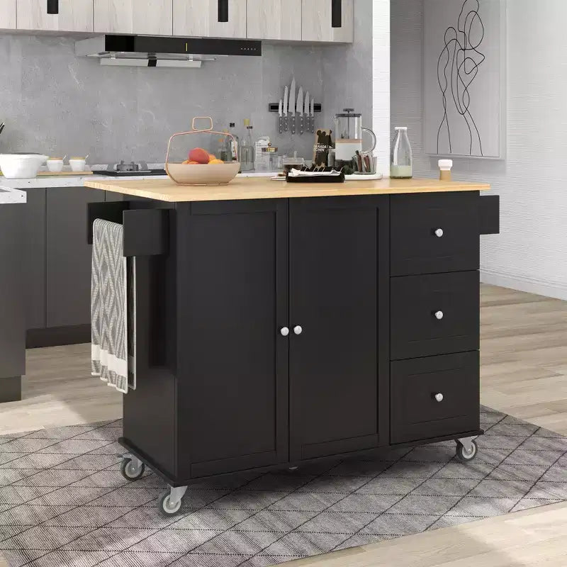Îlot de cuisine roulant avec plateau en bois massif, abattant, roulettes verrouillables, armoire de rangement, étagère à épices, porte-serviettes et tiroir, 133,9 cm