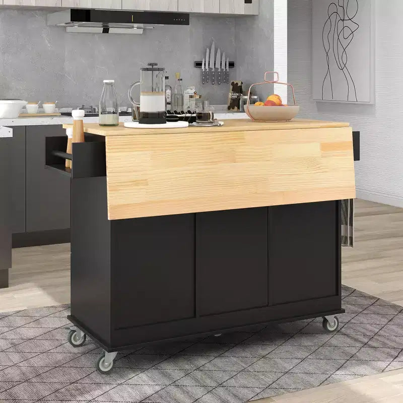 Îlot de cuisine roulant avec plateau en bois massif, abattant, roulettes verrouillables, armoire de rangement, étagère à épices, porte-serviettes et tiroir, 133,9 cm