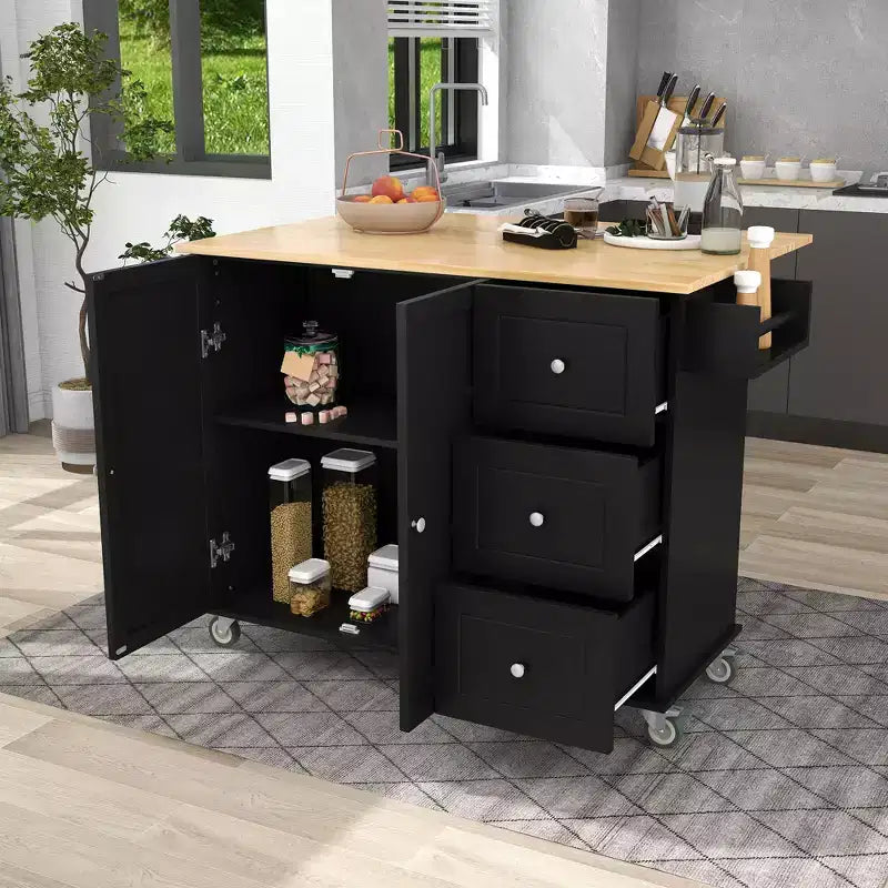 Îlot de cuisine roulant avec plateau en bois massif, abattant, roulettes verrouillables, armoire de rangement, étagère à épices, porte-serviettes et tiroir, 133,9 cm