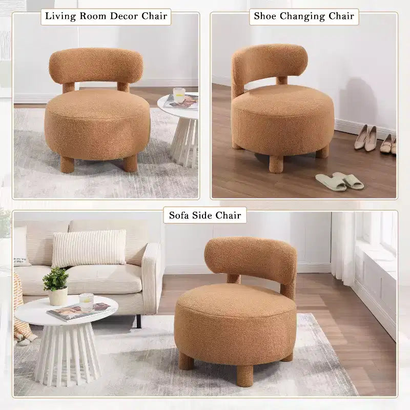 Fauteuil d'appoint rond moderne avec dossier incurvé, fauteuil de lecture épais rembourré avec pieds en bois, fauteuil latéral confortable pour salon et chambre
