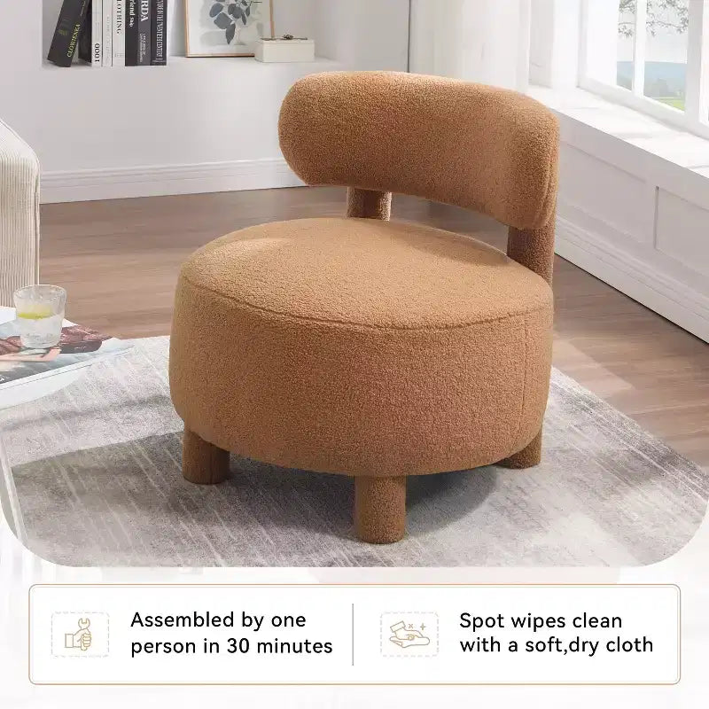 Fauteuil d'appoint rond moderne avec dossier incurvé, fauteuil de lecture épais rembourré avec pieds en bois, fauteuil latéral confortable pour salon et chambre