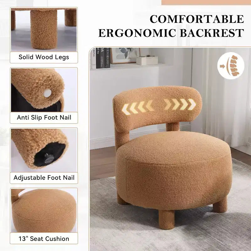Fauteuil d'appoint rond moderne avec dossier incurvé, fauteuil de lecture épais rembourré avec pieds en bois, fauteuil latéral confortable pour salon et chambre