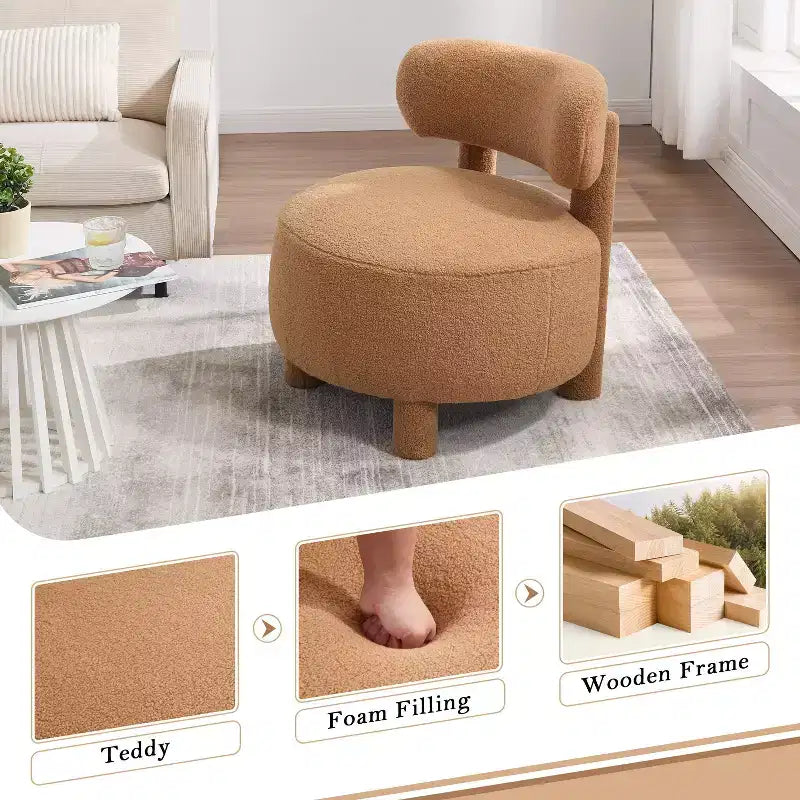 Fauteuil d'appoint rond moderne avec dossier incurvé, fauteuil de lecture épais rembourré avec pieds en bois, fauteuil latéral confortable pour salon et chambre