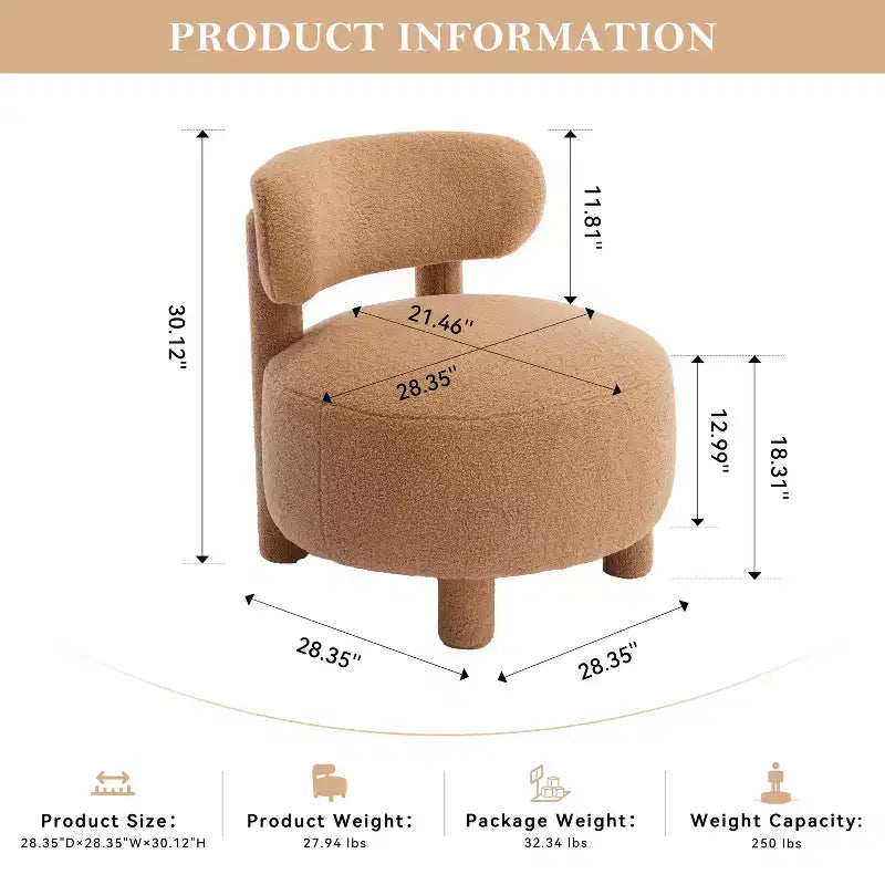 Fauteuil d'appoint rond moderne avec dossier incurvé, fauteuil de lecture épais rembourré avec pieds en bois, fauteuil latéral confortable pour salon et chambre