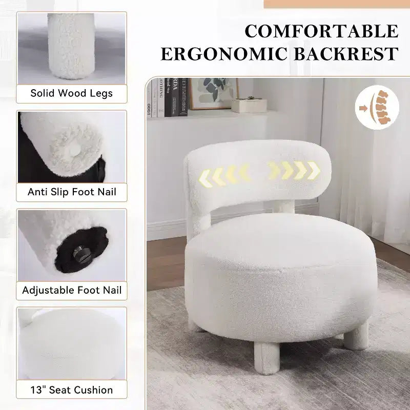 Fauteuil d'appoint rond moderne avec dossier incurvé, fauteuil de lecture épais rembourré avec pieds en bois, fauteuil latéral confortable pour salon et chambre
