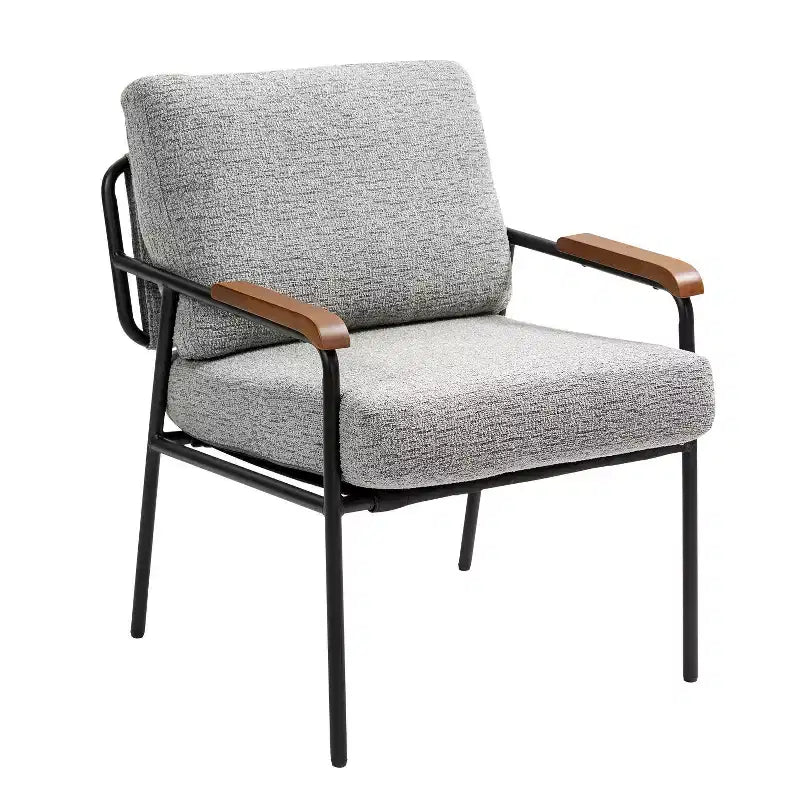 Fauteuil d'appoint moderne de 23 pouces avec accoudoirs en bois naturel, chaise de lecture rembourrée avec structure en métal noir, fauteuil de salon pour le séjour et la chambre à coucher