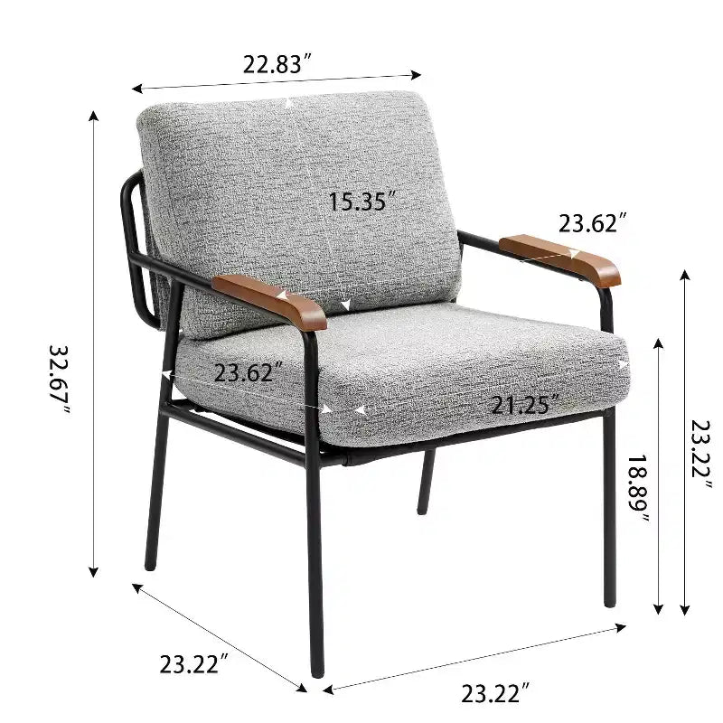 Fauteuil d'appoint moderne de 23 pouces avec accoudoirs en bois naturel, chaise de lecture rembourrée avec structure en métal noir, fauteuil de salon pour le séjour et la chambre à coucher