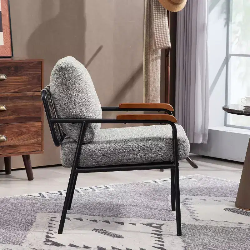 Fauteuil d'appoint moderne de 23 pouces avec accoudoirs en bois naturel, chaise de lecture rembourrée avec structure en métal noir, fauteuil de salon pour le séjour et la chambre à coucher