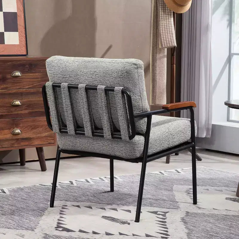 Fauteuil d'appoint moderne de 23 pouces avec accoudoirs en bois naturel, chaise de lecture rembourrée avec structure en métal noir, fauteuil de salon pour le séjour et la chambre à coucher