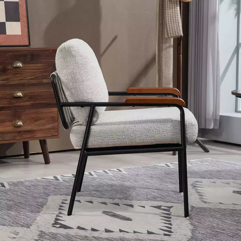 Fauteuil d'appoint moderne de 23 pouces avec accoudoirs en bois naturel, chaise de lecture rembourrée avec structure en métal noir, fauteuil de salon pour le séjour et la chambre à coucher