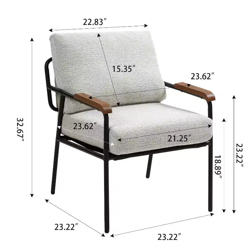 Fauteuil d'appoint moderne de 23 pouces avec accoudoirs en bois naturel, chaise de lecture rembourrée avec structure en métal noir, fauteuil de salon pour le séjour et la chambre à coucher