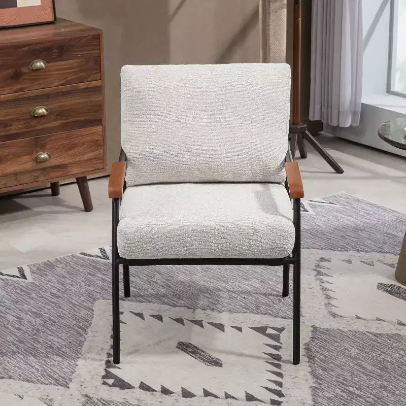 Fauteuil d'appoint moderne de 23 pouces avec accoudoirs en bois naturel, chaise de lecture rembourrée avec structure en métal noir, fauteuil de salon pour le séjour et la chambre à coucher