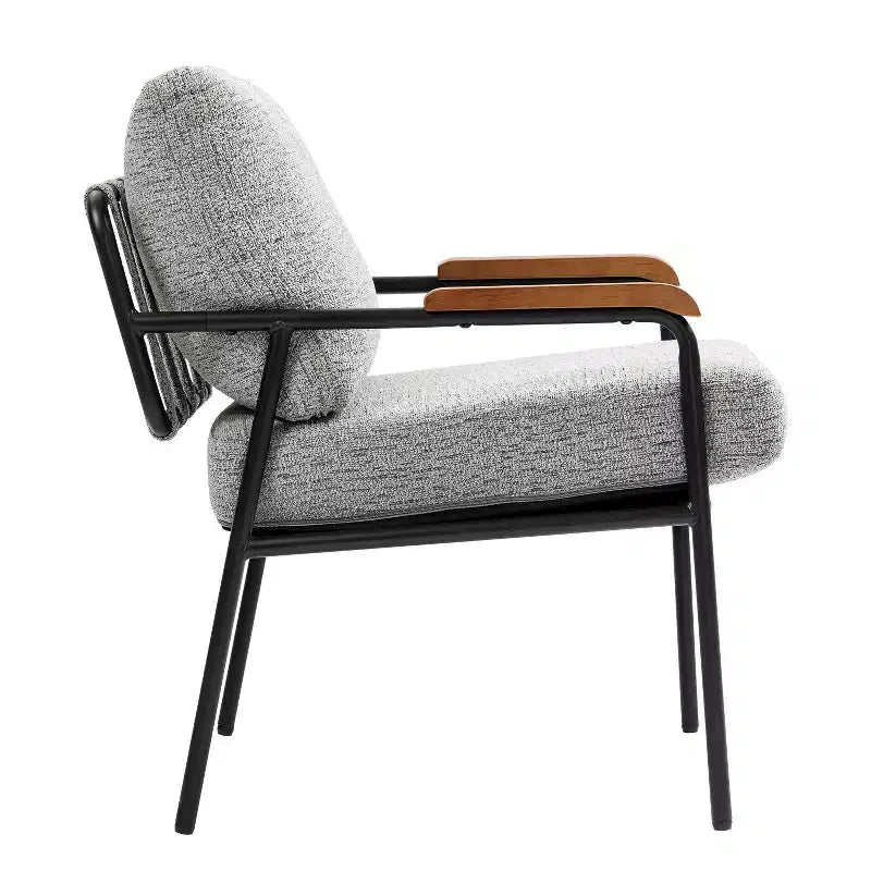 Fauteuil d'appoint moderne de 23 pouces avec accoudoirs en bois naturel, chaise de lecture rembourrée avec structure en métal noir, fauteuil de salon pour le séjour et la chambre à coucher