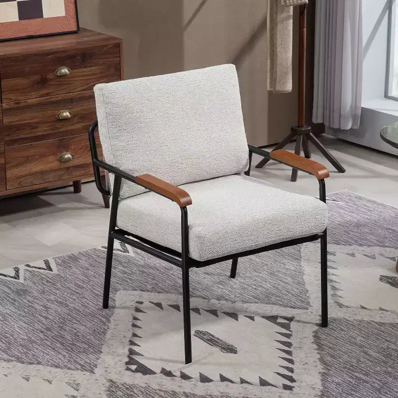 Fauteuil d'appoint moderne de 23 pouces avec accoudoirs en bois naturel, chaise de lecture rembourrée avec structure en métal noir, fauteuil de salon pour le séjour et la chambre à coucher