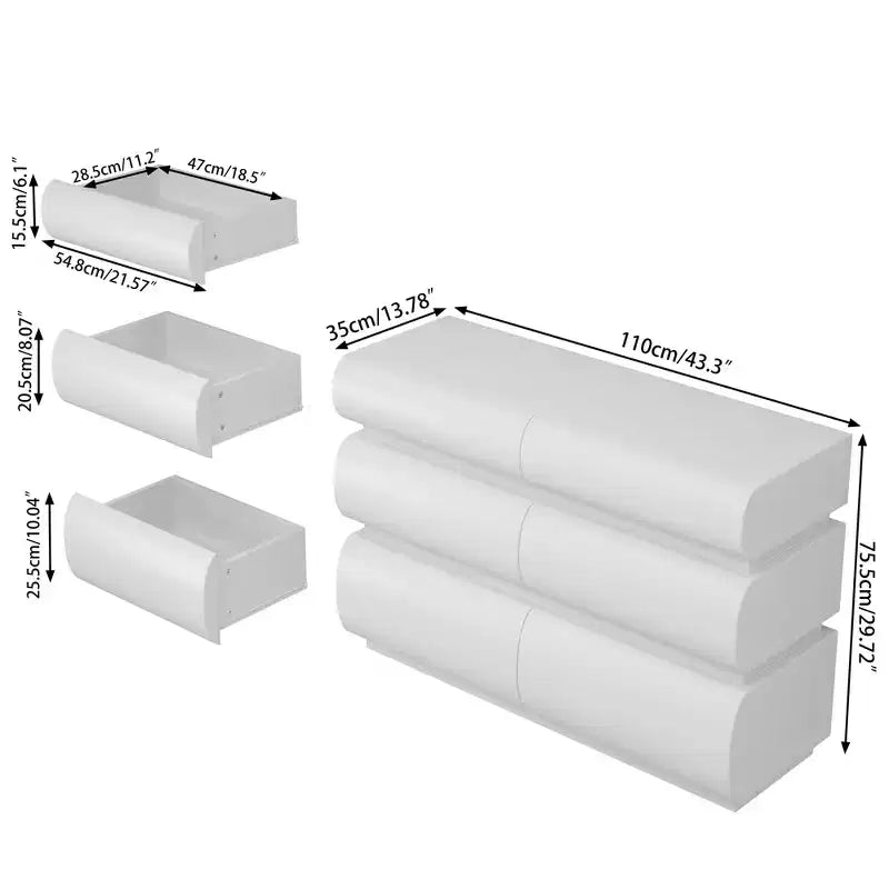 Commode 6 tiroirs de 43 pouces, style moderne sans poignée avec grand espace de rangement pour chambres et salons, blanc